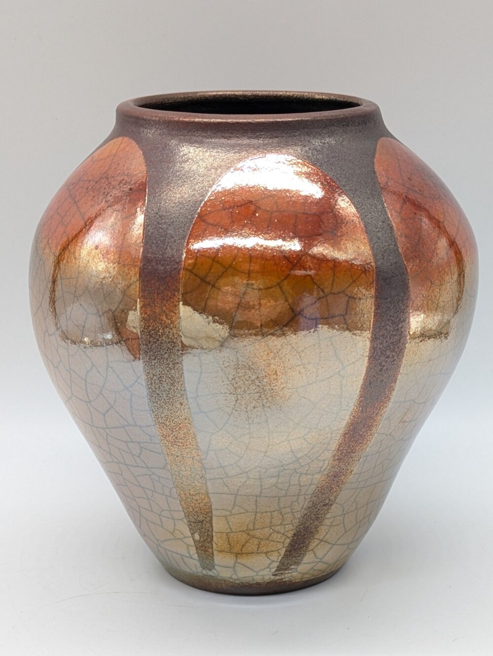 Raku Studio Pottery Brown Orange Crackle Stunning Vase